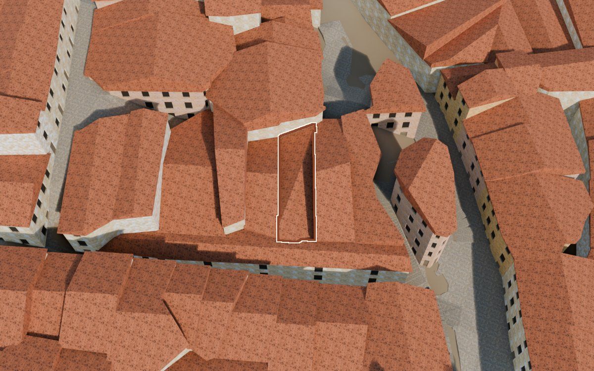 Casa del Carrer de la Novilla (Calle de la Novilla) en la reconstrucción 3D, vista desde el lado en que mejor se ve, con su contorno marcado en teja entre las casas de alrededor