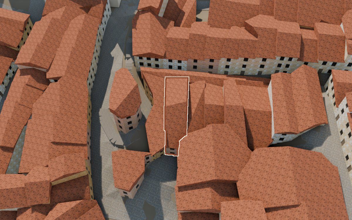 Manzana 33, n.º 17 en la reconstrucción 3D, vista desde el lado en que mejor se ve, con su contorno marcado en teja entre las casas de alrededor