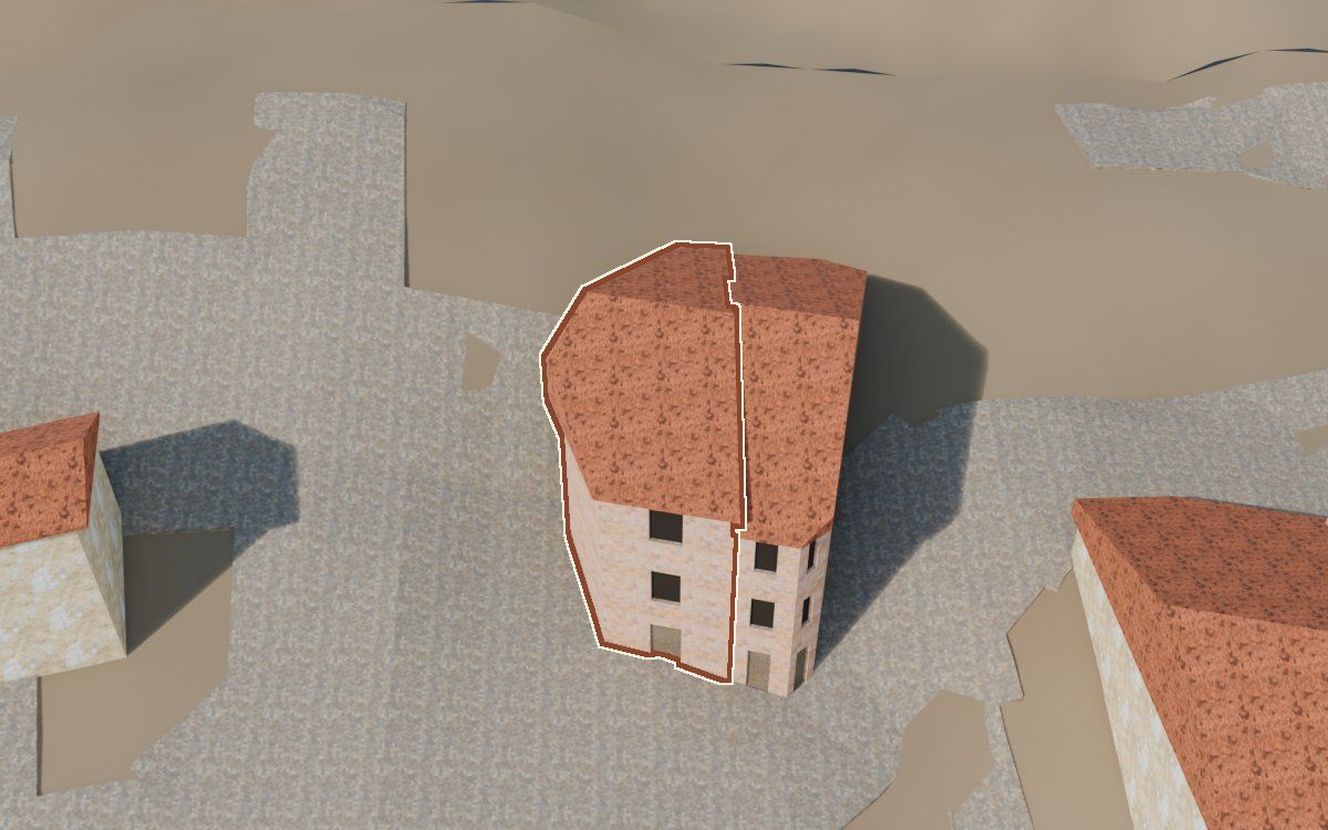 Casa del Carrer del Castell (Calle del Castillo) en la reconstrucción 3D, vista desde el lado en que mejor se ve, con su contorno marcado en teja entre las casas de alrededor