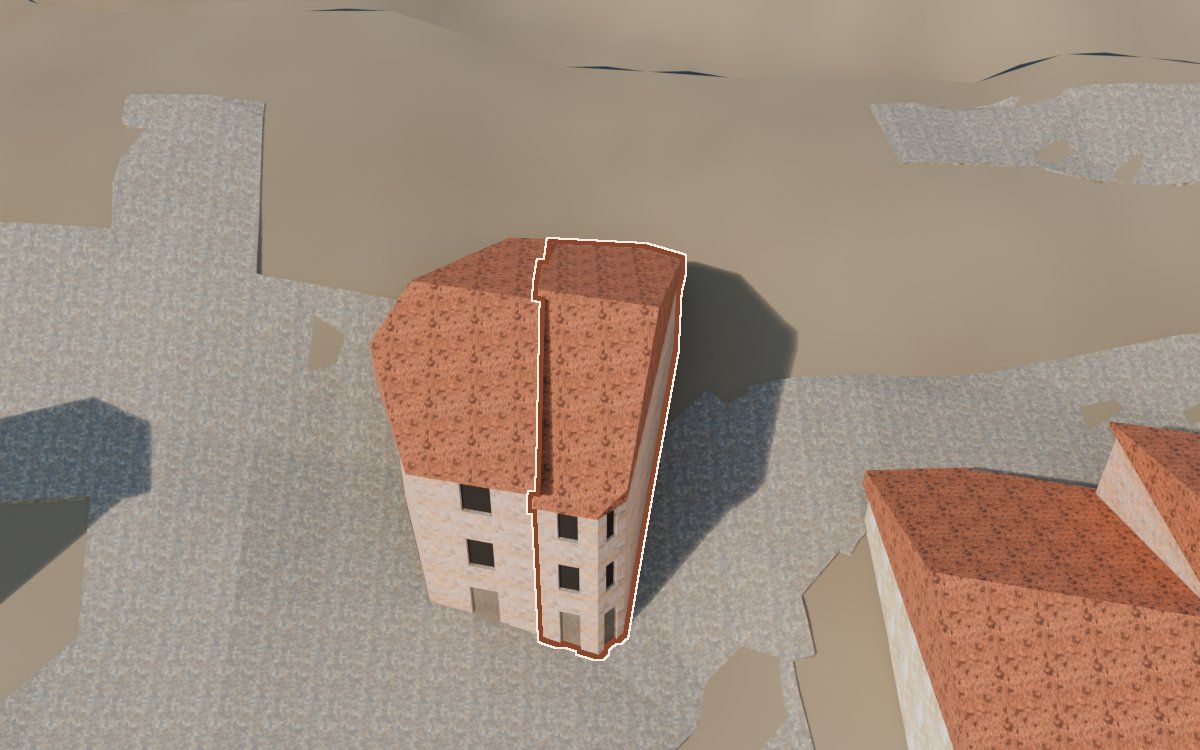 Casa del Carrer del Castell (Calle del Castillo) en la reconstrucción 3D, vista desde el lado en que mejor se ve, con su contorno marcado en teja entre las casas de alrededor