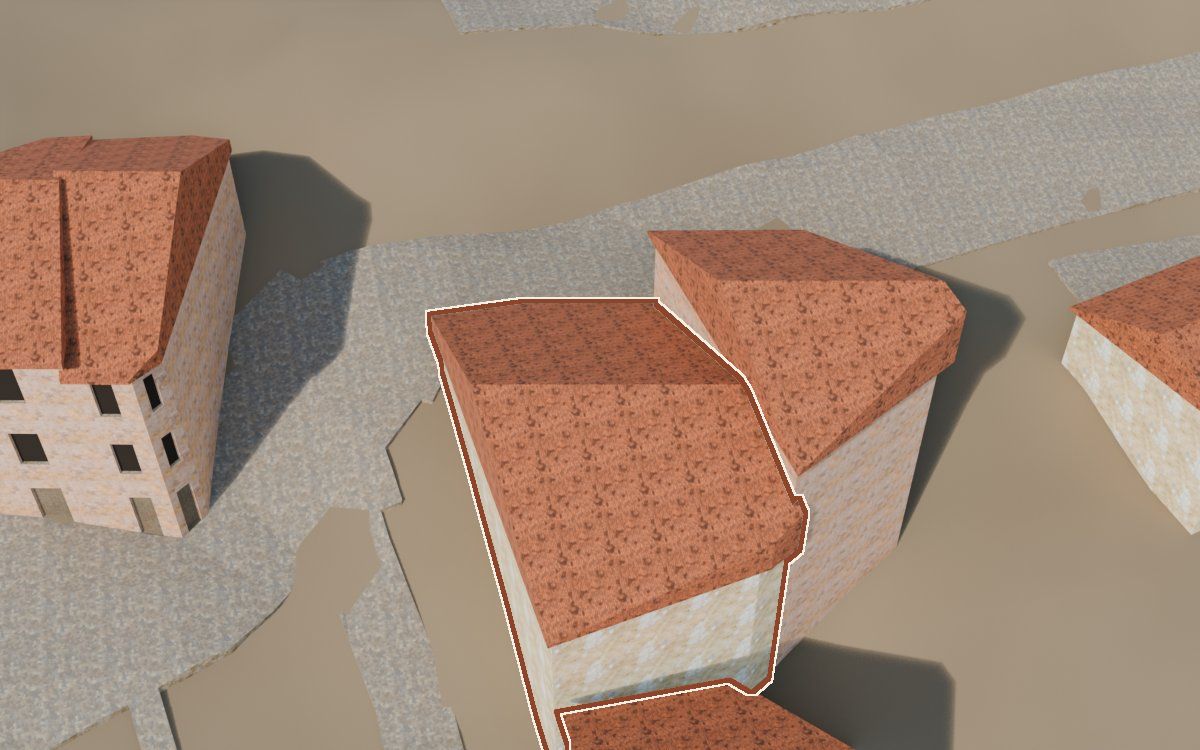 Casa del Carrer del Castell (Calle del Castillo) en la reconstrucción 3D, vista desde el lado en que mejor se ve, con su contorno marcado en teja entre las casas de alrededor