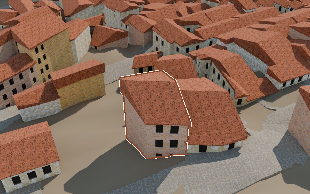 Casa del Carrer del Castell (Calle del Castillo) en la reconstrucción 3D, vista desde su calle, con su contorno marcado en teja entre las casas de alrededor