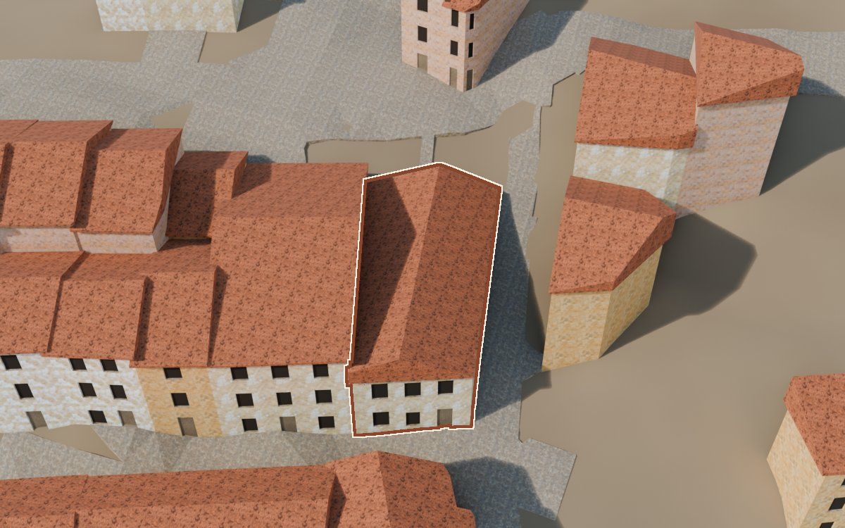 Casa del Carrer de la Novilla (Calle de la Novilla) en la reconstrucción 3D, vista desde el lado en que mejor se ve, con su contorno marcado en teja entre las casas de alrededor