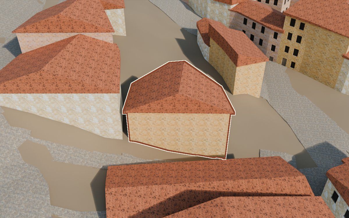 Casa del Carrer del Castell (Calle del Castillo) en la reconstrucción 3D, vista desde su calle, con su contorno marcado en teja entre las casas de alrededor