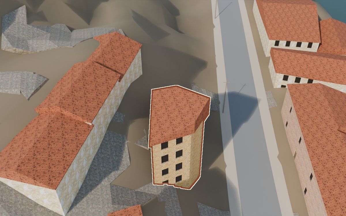 Casa del Carrer Sepulcro (Calle del Sepulcro) en la reconstrucción 3D, vista desde el lado en que mejor se ve, con su contorno marcado en teja entre las casas de alrededor