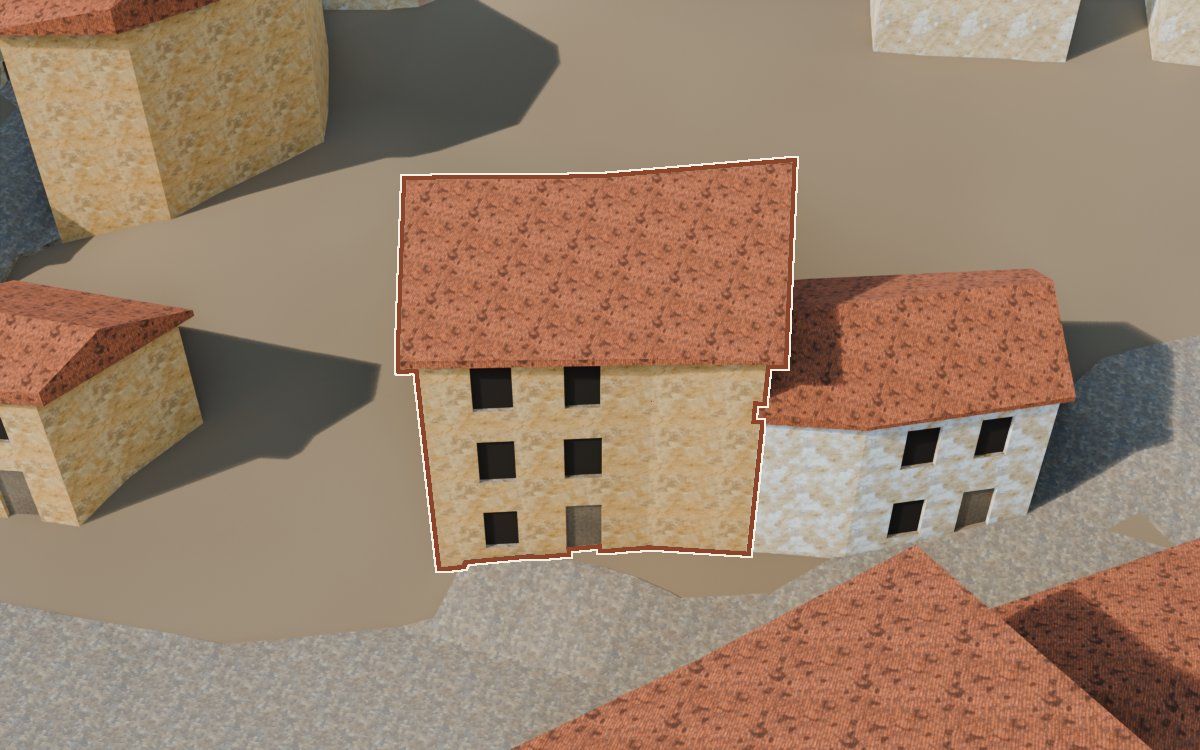 Casa del Carrer Nou (Calle Nueva) en la reconstrucción 3D, vista desde su calle, con su contorno marcado en teja entre las casas de alrededor