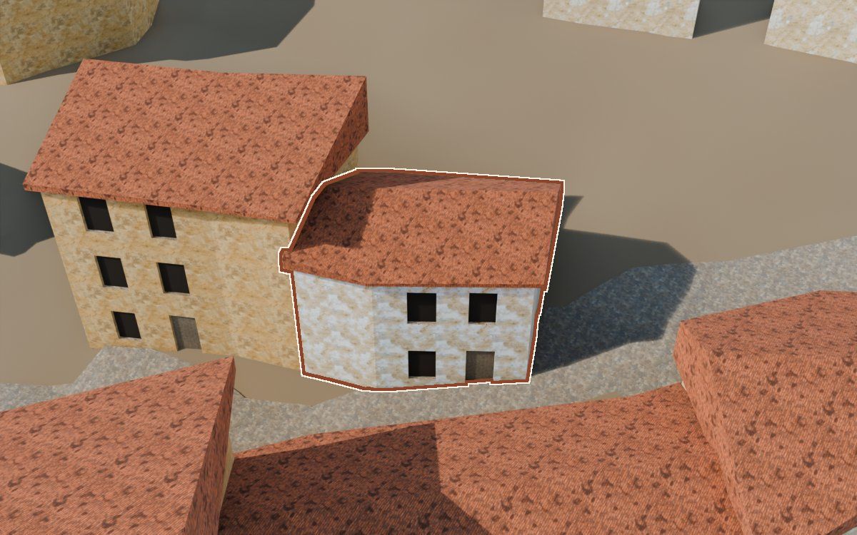 Casa del Carrer Nou (Calle Nueva) en la reconstrucción 3D, vista desde su calle, con su contorno marcado en teja entre las casas de alrededor