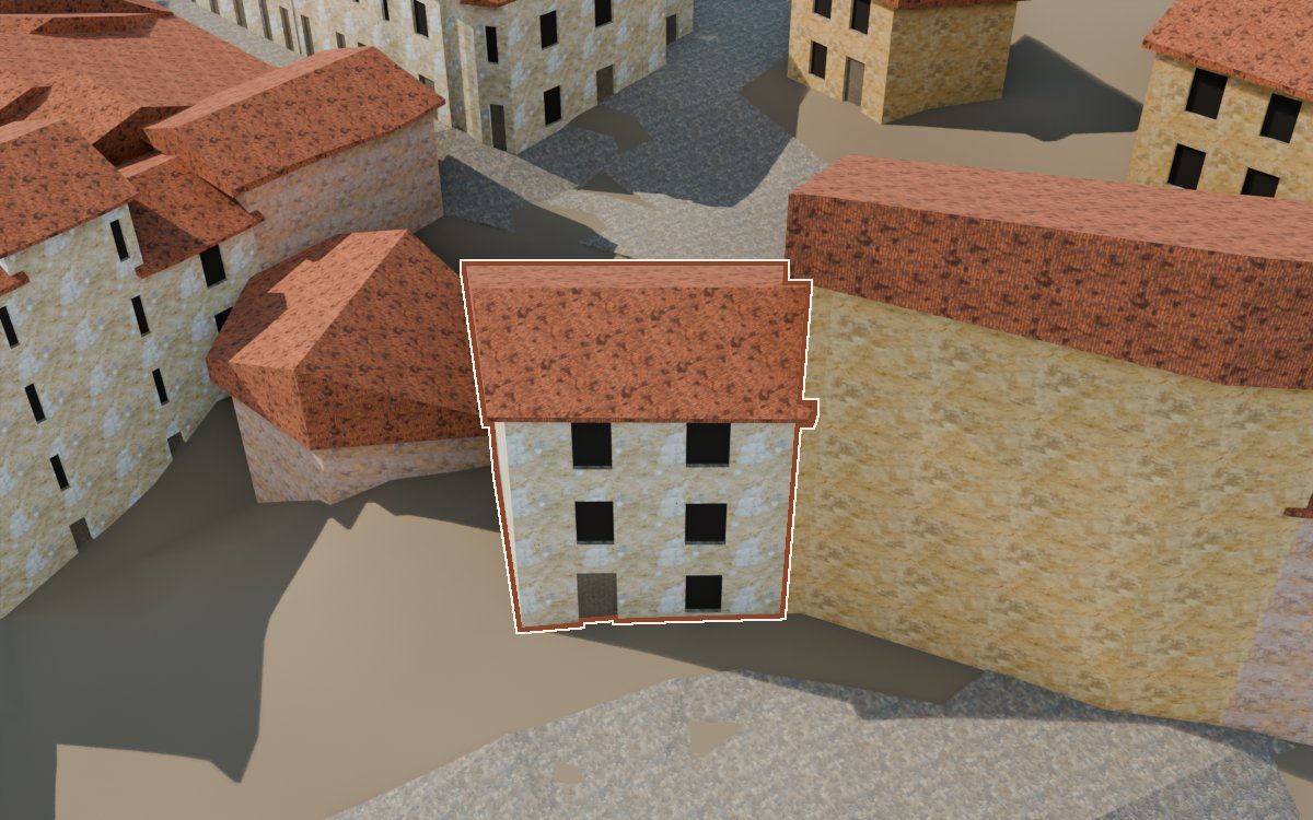Casa del Carrer Saragossa (Calle Zaragoza) en la reconstrucción 3D, vista desde su calle, con su contorno marcado en teja entre las casas de alrededor