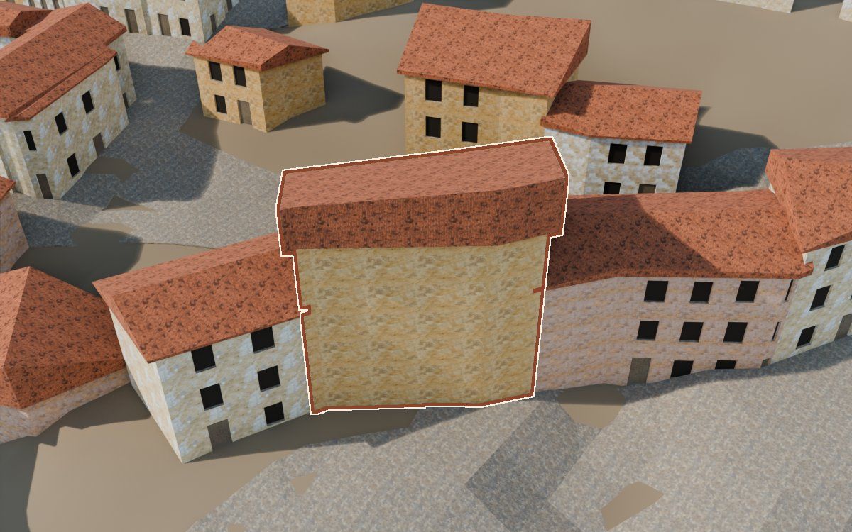 Casa del Carrer Nou (Calle Nueva) en la reconstrucción 3D, vista desde su calle, con su contorno marcado en teja entre las casas de alrededor