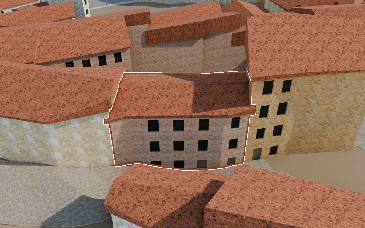 Casa del Carrer Nou (Calle Nueva) en la reconstrucción 3D, vista desde su calle, con su contorno marcado en teja entre las casas de alrededor