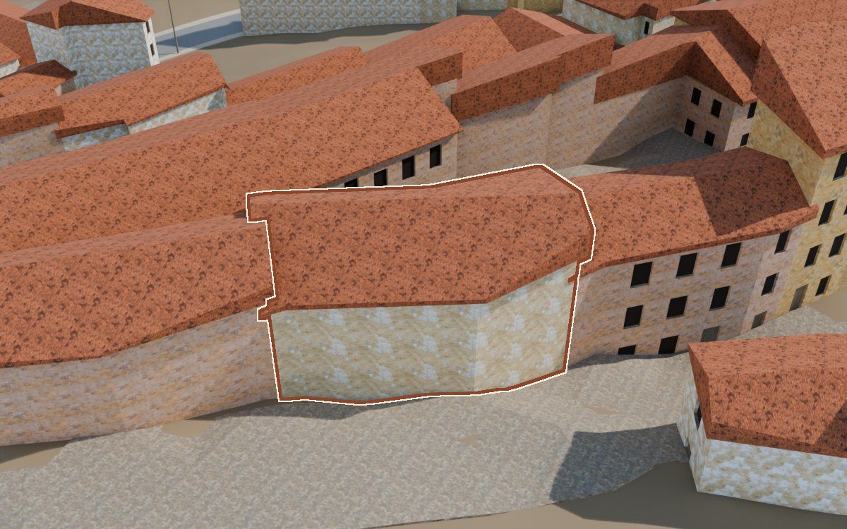 Casa del Carrer Saragossa (Calle Zaragoza) en la reconstrucción 3D, vista desde su calle, con su contorno marcado en teja entre las casas de alrededor