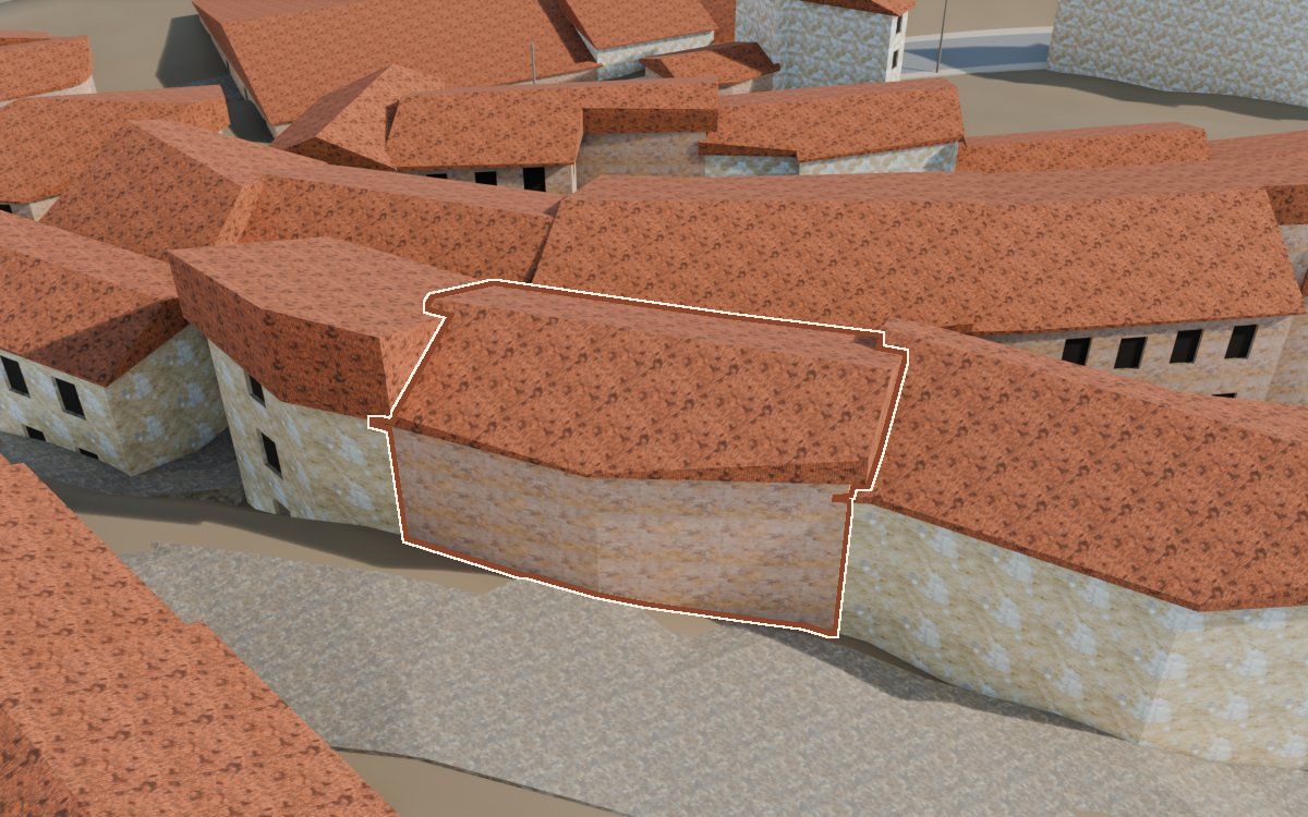 Casa del Carrer Saragossa (Calle Zaragoza) en la reconstrucción 3D, vista desde su calle, con su contorno marcado en teja entre las casas de alrededor
