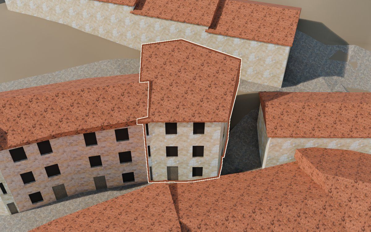 Casa del Carrer de les Pedres (Calle de las Piedras) en la reconstrucción 3D, vista desde el lado en que mejor se ve, con su contorno marcado en teja entre las casas de alrededor