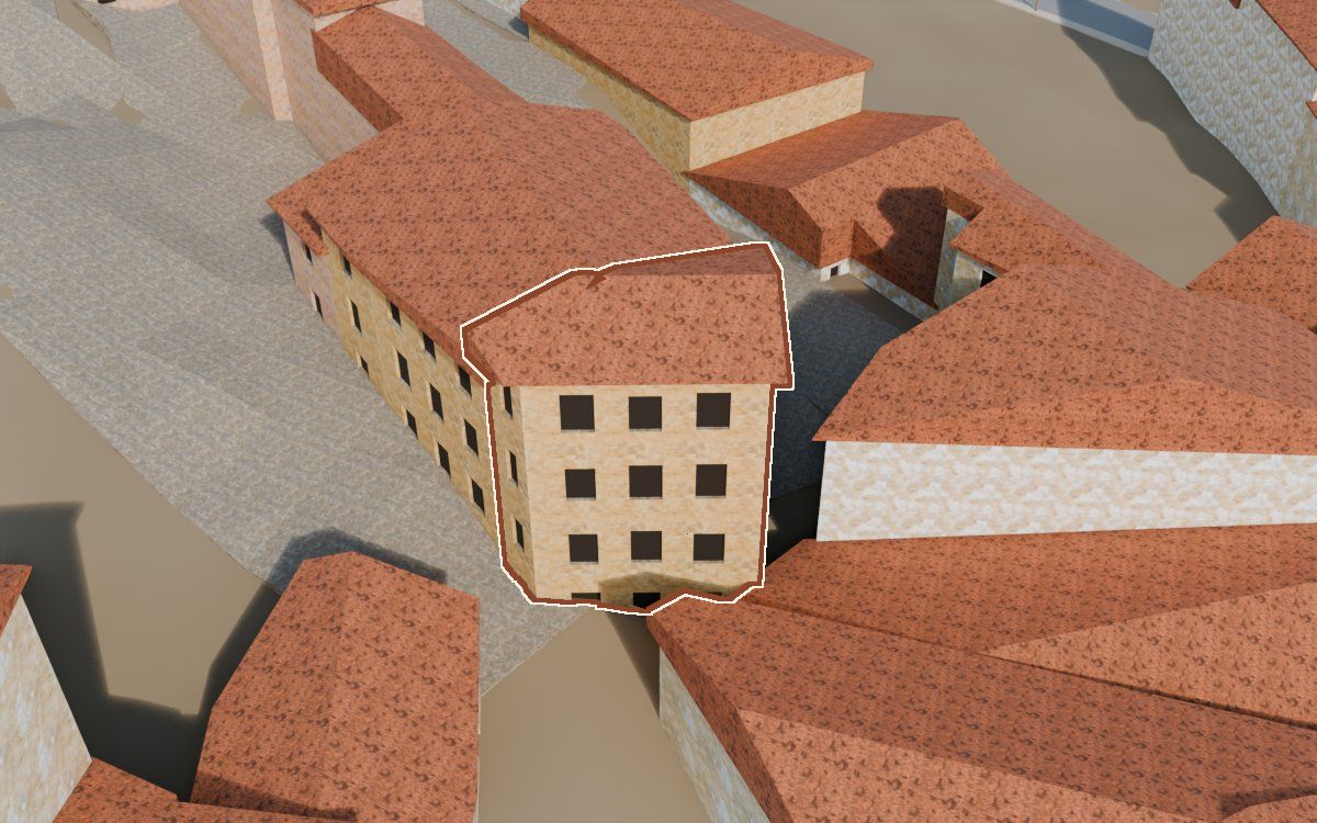 Casa del Carrer Saragossa (Calle Zaragoza) en la reconstrucción 3D, vista desde su calle, con su contorno marcado en teja entre las casas de alrededor