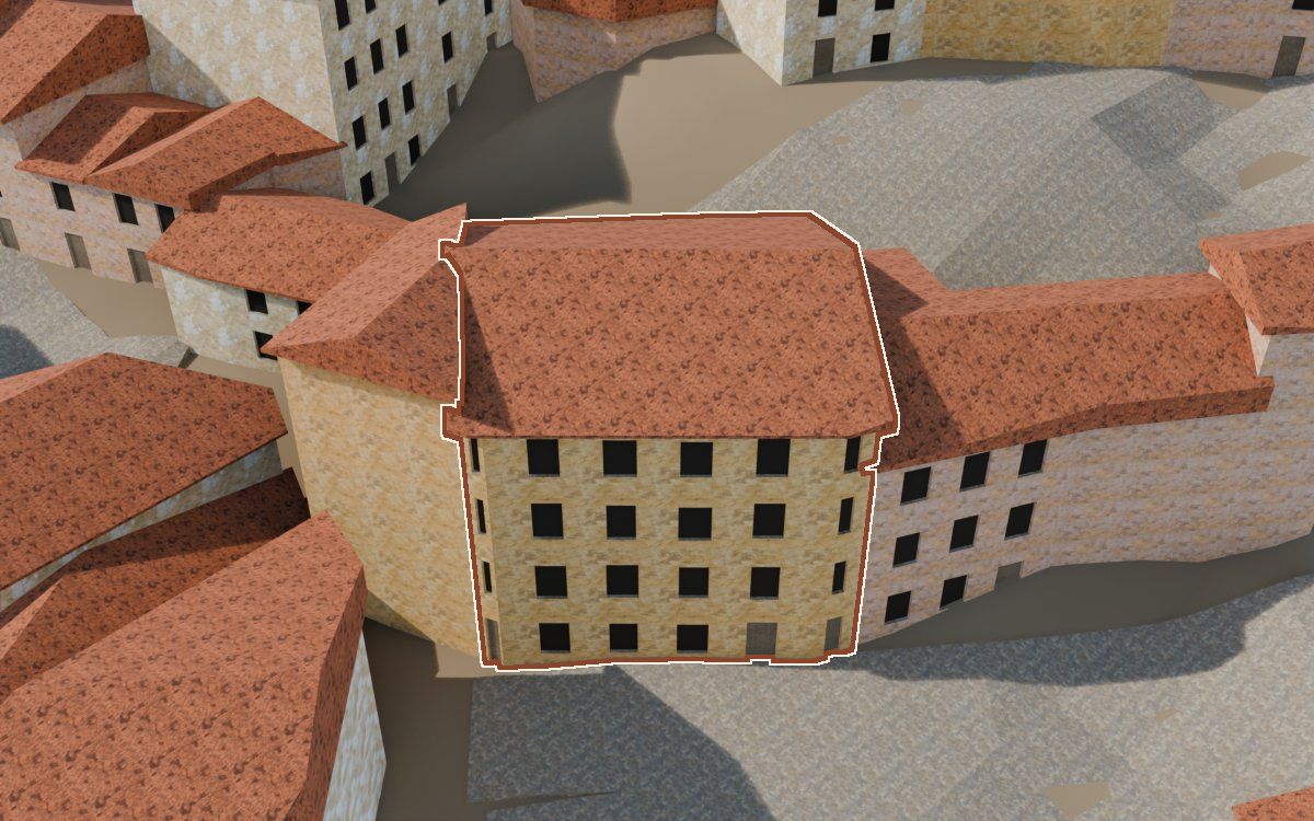 Casa del Carrer de la Iglésia (Calle de la Iglesia) en la reconstrucción 3D, vista desde su calle, con su contorno marcado en teja entre las casas de alrededor