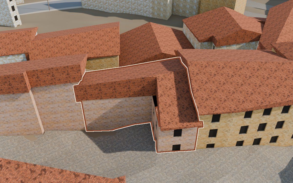 Casa del Carrer de la Iglésia (Calle de la Iglesia) en la reconstrucción 3D, vista desde su calle, con su contorno marcado en teja entre las casas de alrededor
