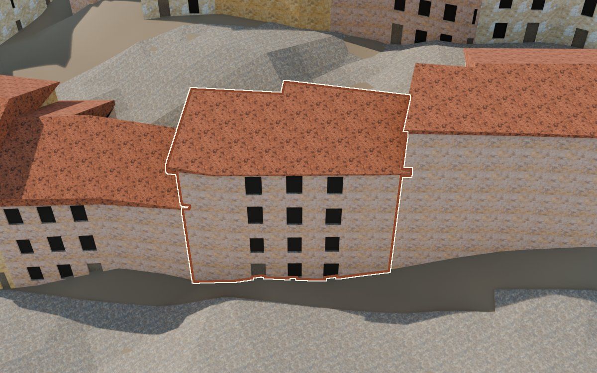 Casa del Carrer de la Iglésia (Calle de la Iglesia) en la reconstrucción 3D, vista desde su calle, con su contorno marcado en teja entre las casas de alrededor