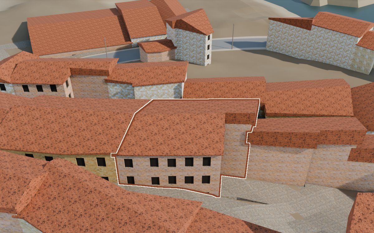 Casa del Carrer de les Pedres (Calle de las Piedras) en la reconstrucción 3D, vista desde su calle, con su contorno marcado en teja entre las casas de alrededor