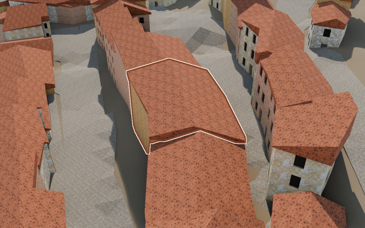 Casa del Carrer de les Pedres (Calle de las Piedras) en la reconstrucción 3D, vista desde su calle, con su contorno marcado en teja entre las casas de alrededor