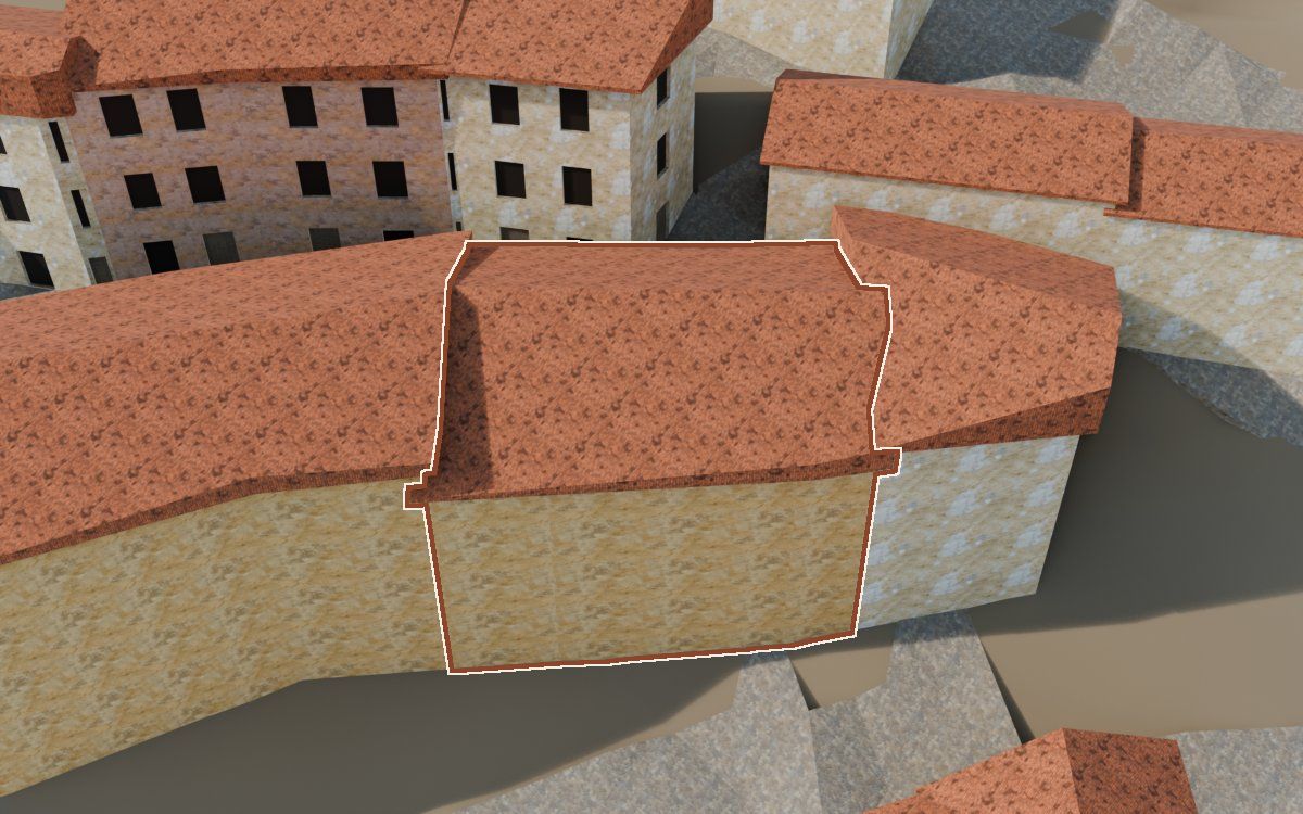 Casa del Carrer Saragossa (Calle Zaragoza) en la reconstrucción 3D, vista desde el lado en que mejor se ve, con su contorno marcado en teja entre las casas de alrededor