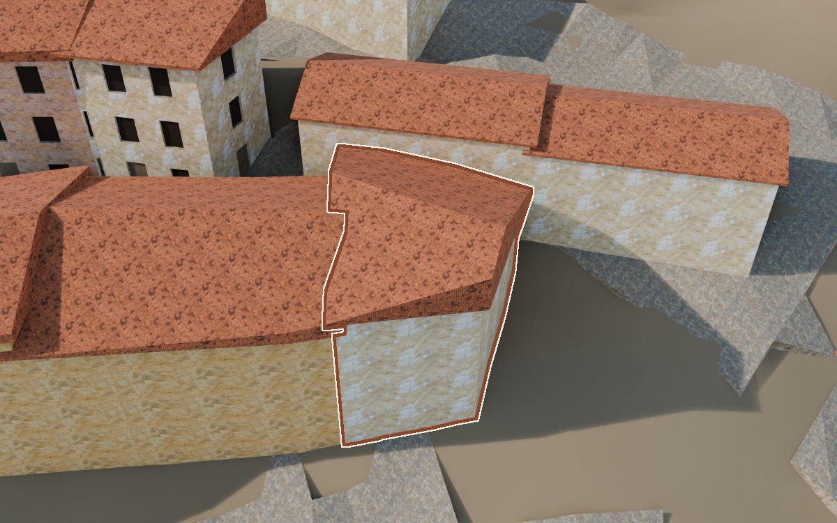 Casa del Carrer Saragossa (Calle Zaragoza) en la reconstrucción 3D, vista desde el lado en que mejor se ve, con su contorno marcado en teja entre las casas de alrededor