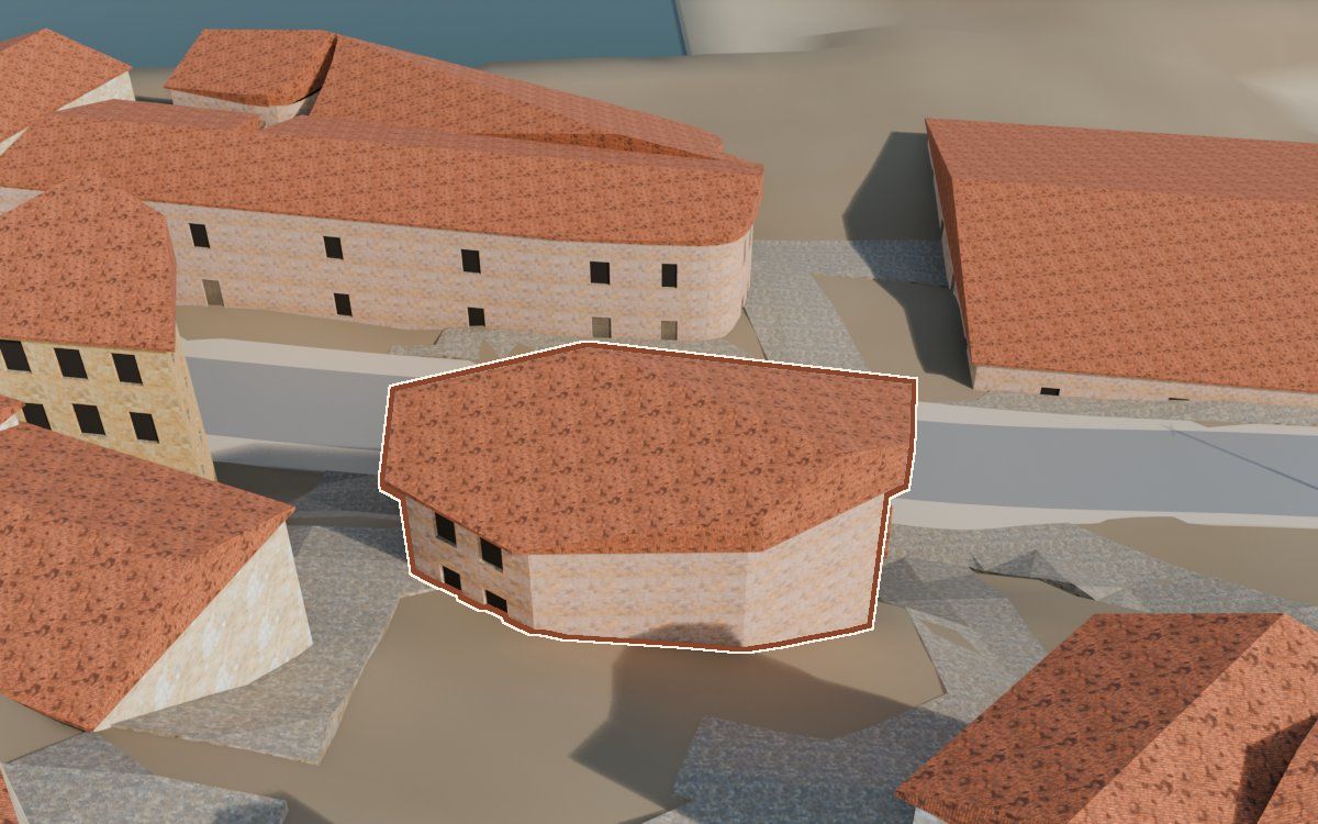 Casa del Carrer Saragossa (Calle Zaragoza) en la reconstrucción 3D, vista desde su calle, con su contorno marcado en teja entre las casas de alrededor