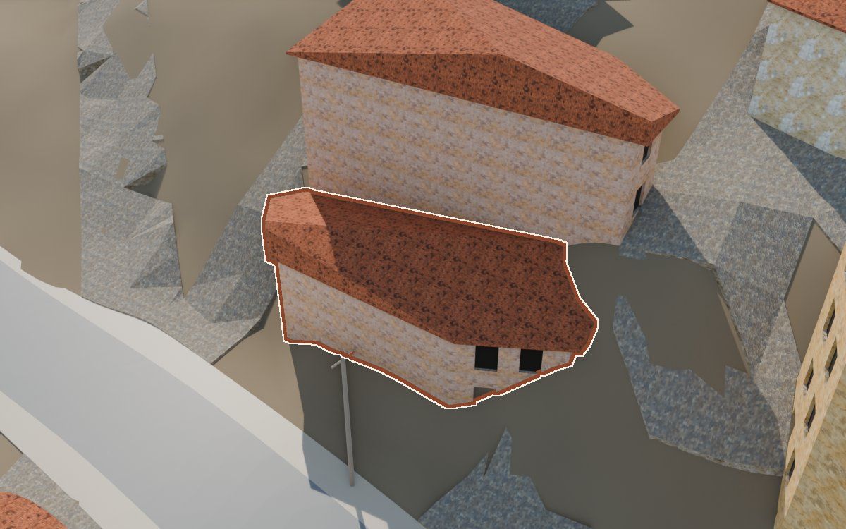 Casa del Carrer Saragossa (Calle Zaragoza) en la reconstrucción 3D, vista desde su calle, con su contorno marcado en teja entre las casas de alrededor