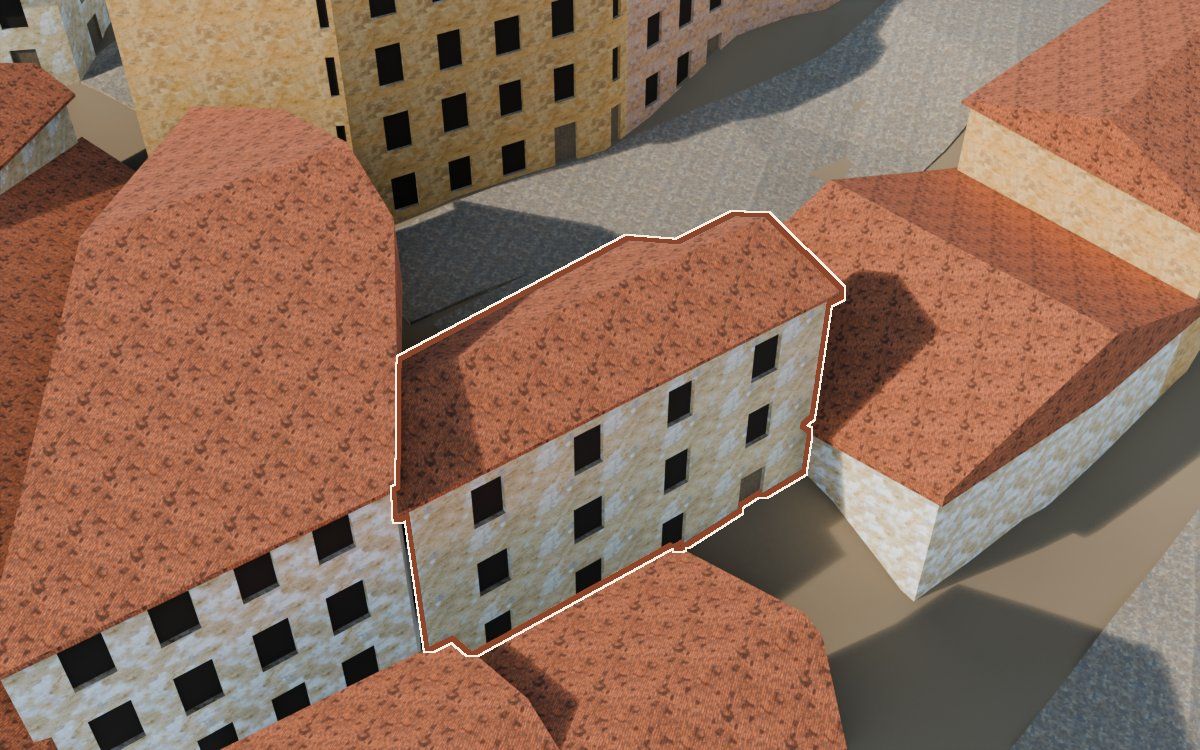 Casa del Carrer de la Puríssima (Calle de la Purísima) en la reconstrucción 3D, vista desde el lado en que mejor se ve, con su contorno marcado en teja entre las casas de alrededor