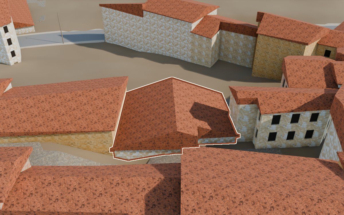 Casa del Carrer la Parra (Calle La Parra) en la reconstrucción 3D, vista desde su calle, con su contorno marcado en teja entre las casas de alrededor