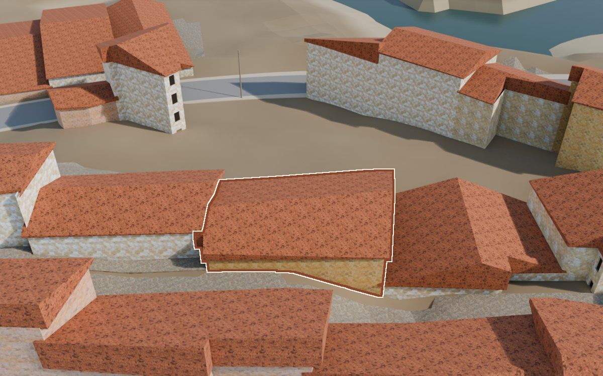 Casa del Carrer Fraga de Dalt (Calle Alta de Fraga) en la reconstrucción 3D, vista desde su calle, con su contorno marcado en teja entre las casas de alrededor