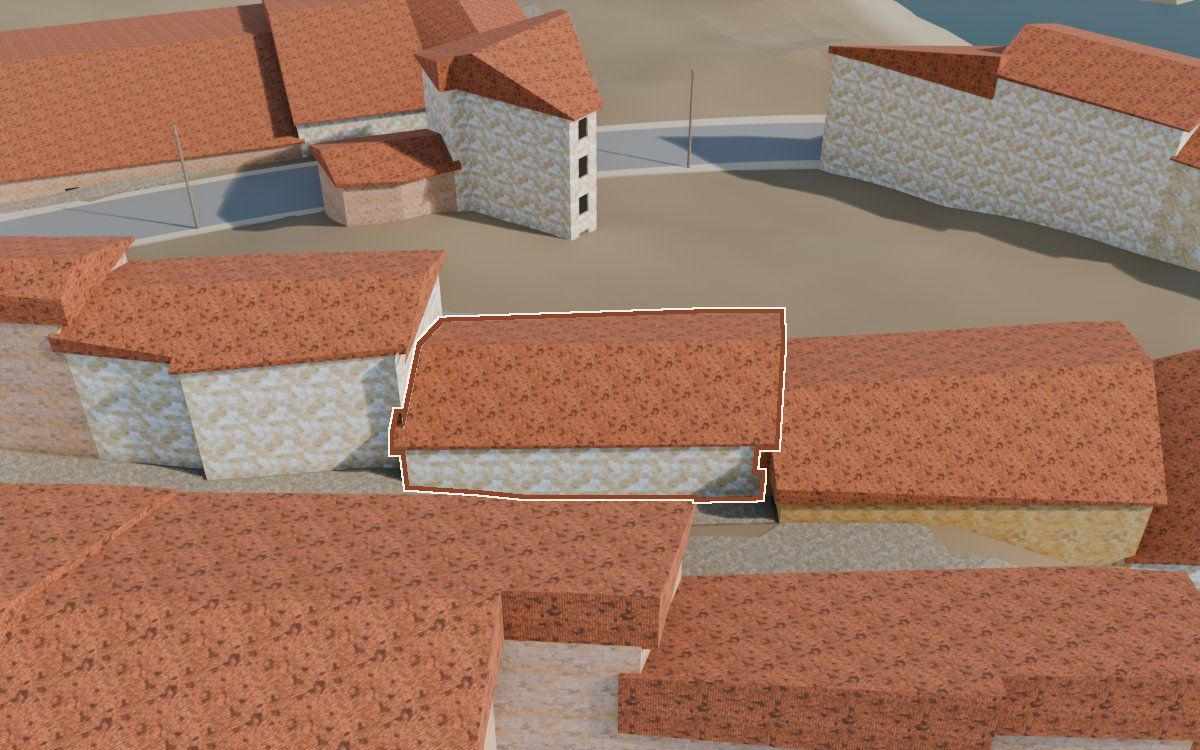 Casa del Carrer Oliver (Calle Oliver) en la reconstrucción 3D, vista desde su calle, con su contorno marcado en teja entre las casas de alrededor