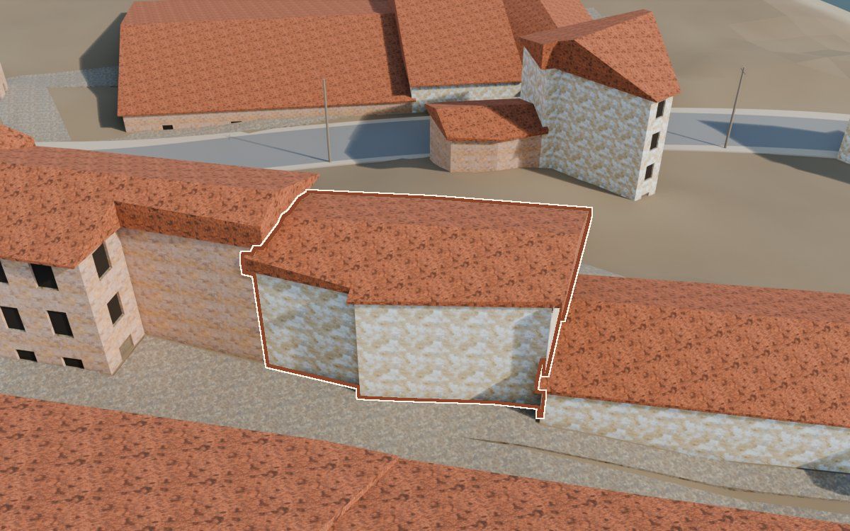 Casa del Carrer Oliver (Calle Oliver) en la reconstrucción 3D, vista desde su calle, con su contorno marcado en teja entre las casas de alrededor