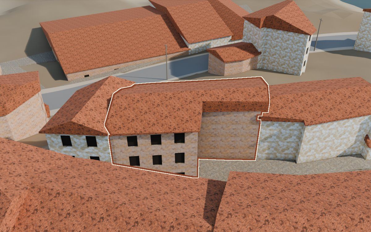 Casa del Carrer de la Iglésia (Calle de la Iglesia) en la reconstrucción 3D, vista desde su calle, con su contorno marcado en teja entre las casas de alrededor