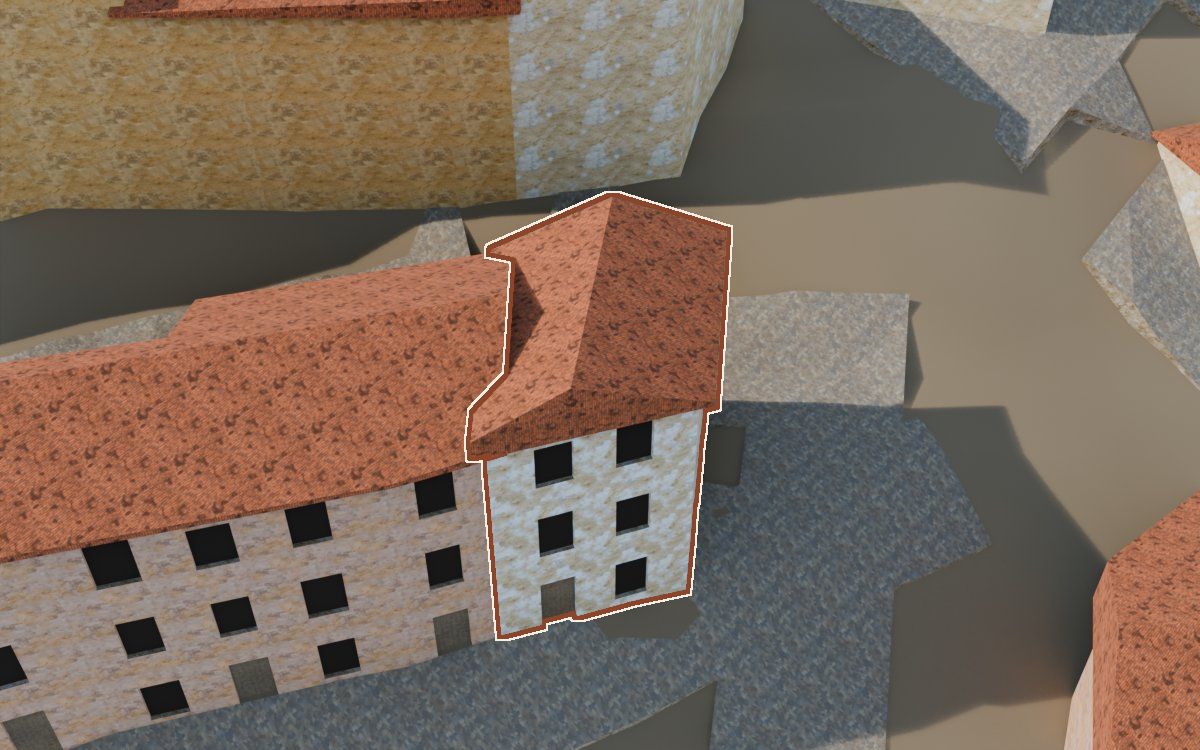 Casa del Carrer Oliver (Calle Oliver) en la reconstrucción 3D, vista desde el lado en que mejor se ve, con su contorno marcado en teja entre las casas de alrededor