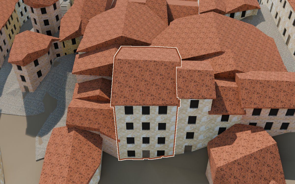 Manzana 33, n.º 4 en la reconstrucción 3D, vista desde el lado en que mejor se ve, con su contorno marcado en teja entre las casas de alrededor