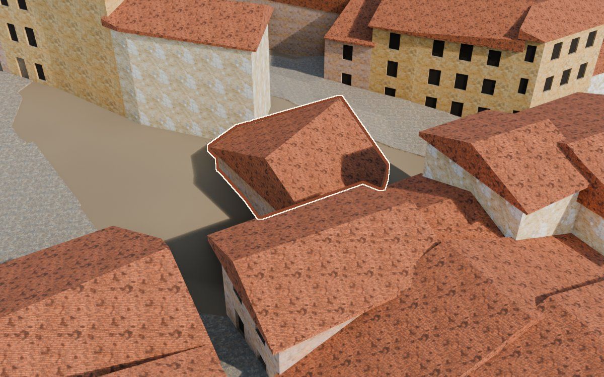 Casa del Carrer Saragossa (Calle Zaragoza) en la reconstrucción 3D, vista desde su calle, con su contorno marcado en teja entre las casas de alrededor