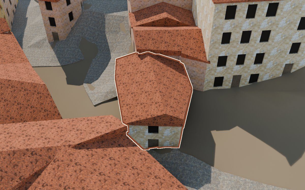 Casa del Carrer Saragossa (Calle Zaragoza) en la reconstrucción 3D, vista desde el lado en que mejor se ve, con su contorno marcado en teja entre las casas de alrededor