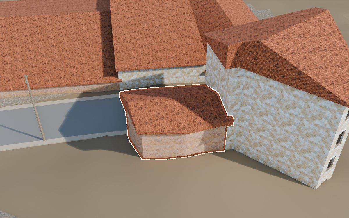 Casa del Carrer del Mig (Calle del Medio) en la reconstrucción 3D, vista desde su calle, con su contorno marcado en teja entre las casas de alrededor