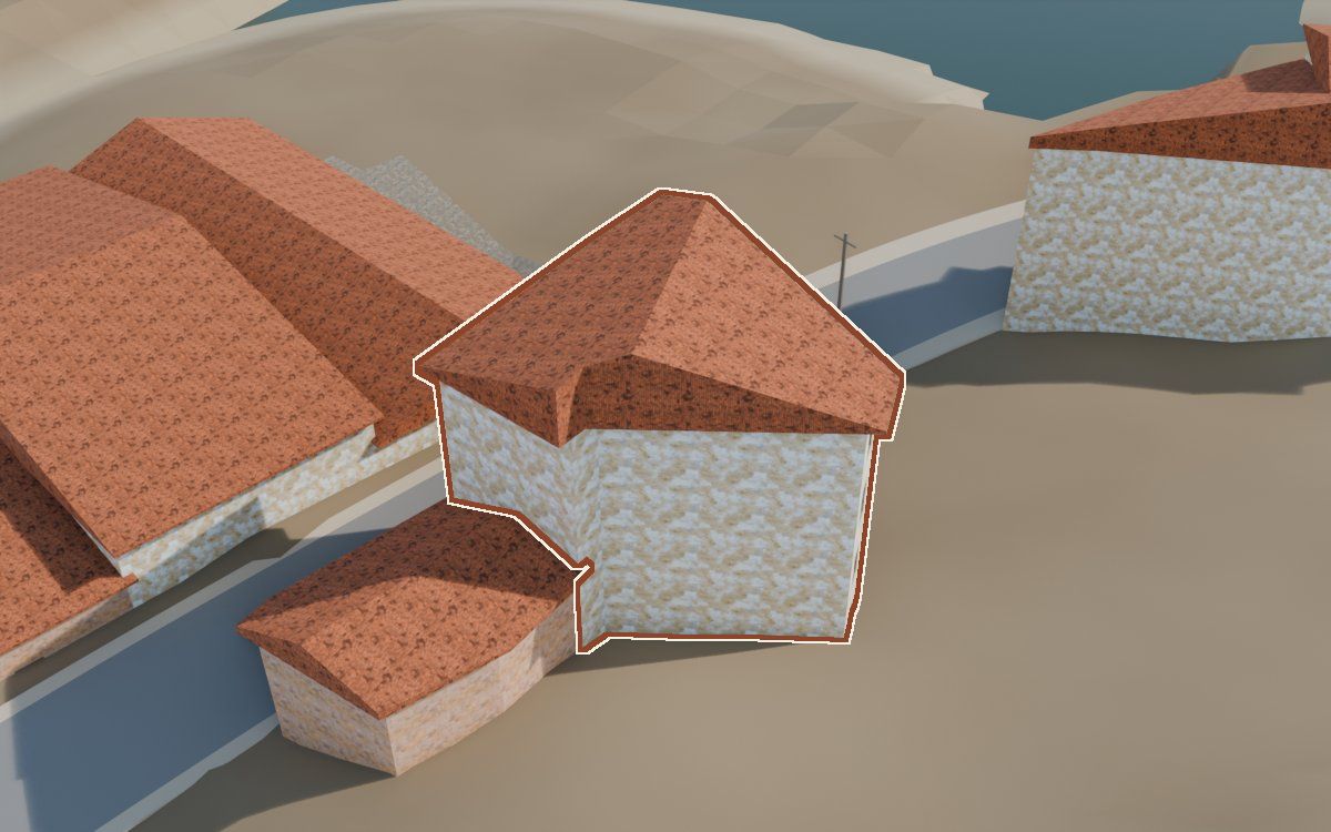 Casa del Carrer Fraga de Dalt (Calle Alta de Fraga) en la reconstrucción 3D, vista desde su calle, con su contorno marcado en teja entre las casas de alrededor