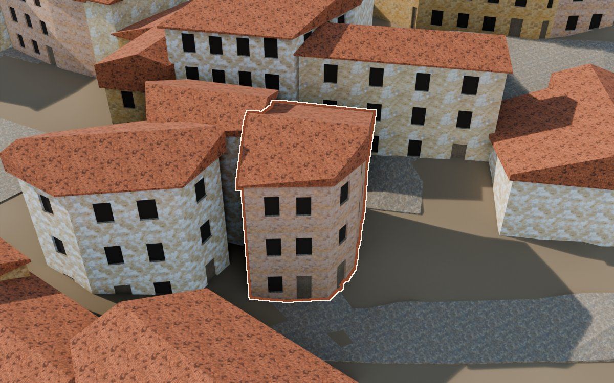 Casa del Carrer de la Puríssima (Calle de la Purísima) en la reconstrucción 3D, vista desde su calle, con su contorno marcado en teja entre las casas de alrededor