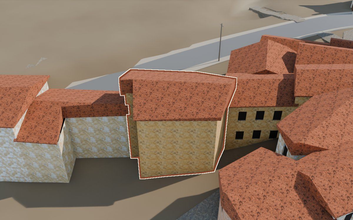 Casa del Carrer Major (Calle Mayor) en la reconstrucción 3D, vista desde su calle, con su contorno marcado en teja entre las casas de alrededor