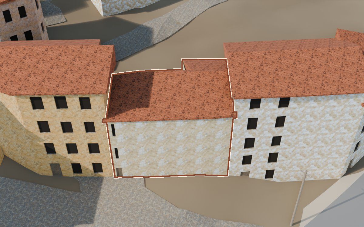 Casa del Carrer Major (Calle Mayor) en la reconstrucción 3D, vista desde su calle, con su contorno marcado en teja entre las casas de alrededor