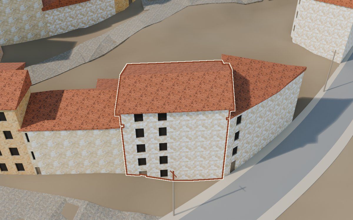 Casa del Carrer Major (Calle Mayor) en la reconstrucción 3D, vista desde su calle, con su contorno marcado en teja entre las casas de alrededor