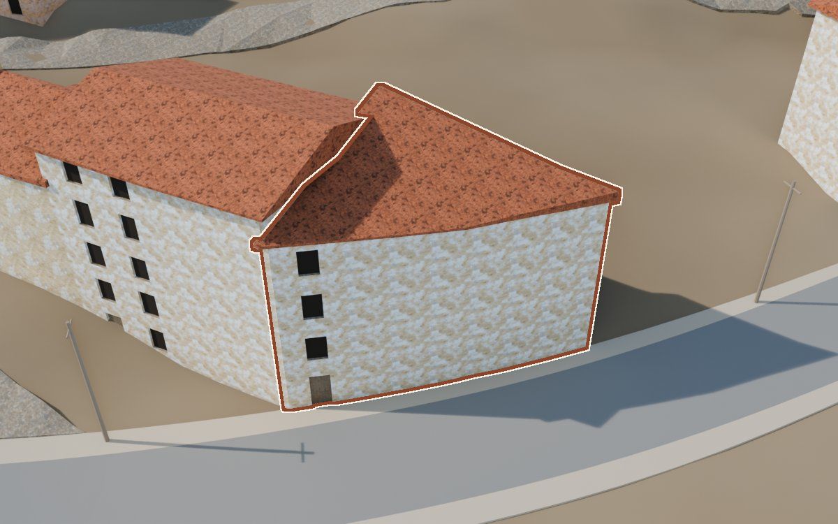 Casa del Carrer del Rosari (Calle del Rosario) en la reconstrucción 3D, vista desde su calle, con su contorno marcado en teja entre las casas de alrededor