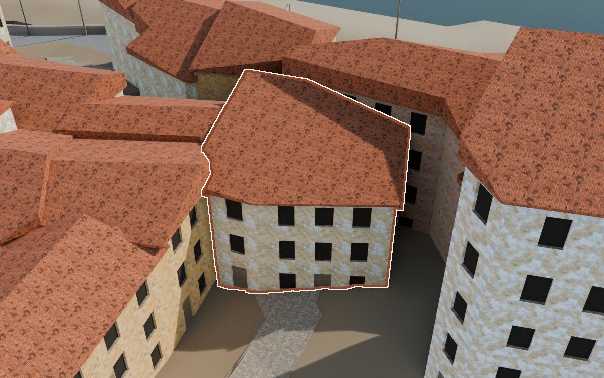 Casa del Carrer Barrinol (Calle Barrinol) en la reconstrucción 3D, vista desde su calle, con su contorno marcado en teja entre las casas de alrededor