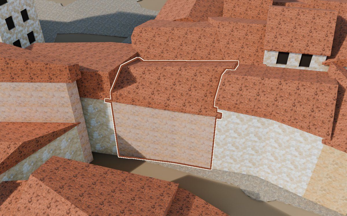 Casa del Carrer Barrinol (Calle Barrinol) en la reconstrucción 3D, vista desde el lado en que mejor se ve, con su contorno marcado en teja entre las casas de alrededor