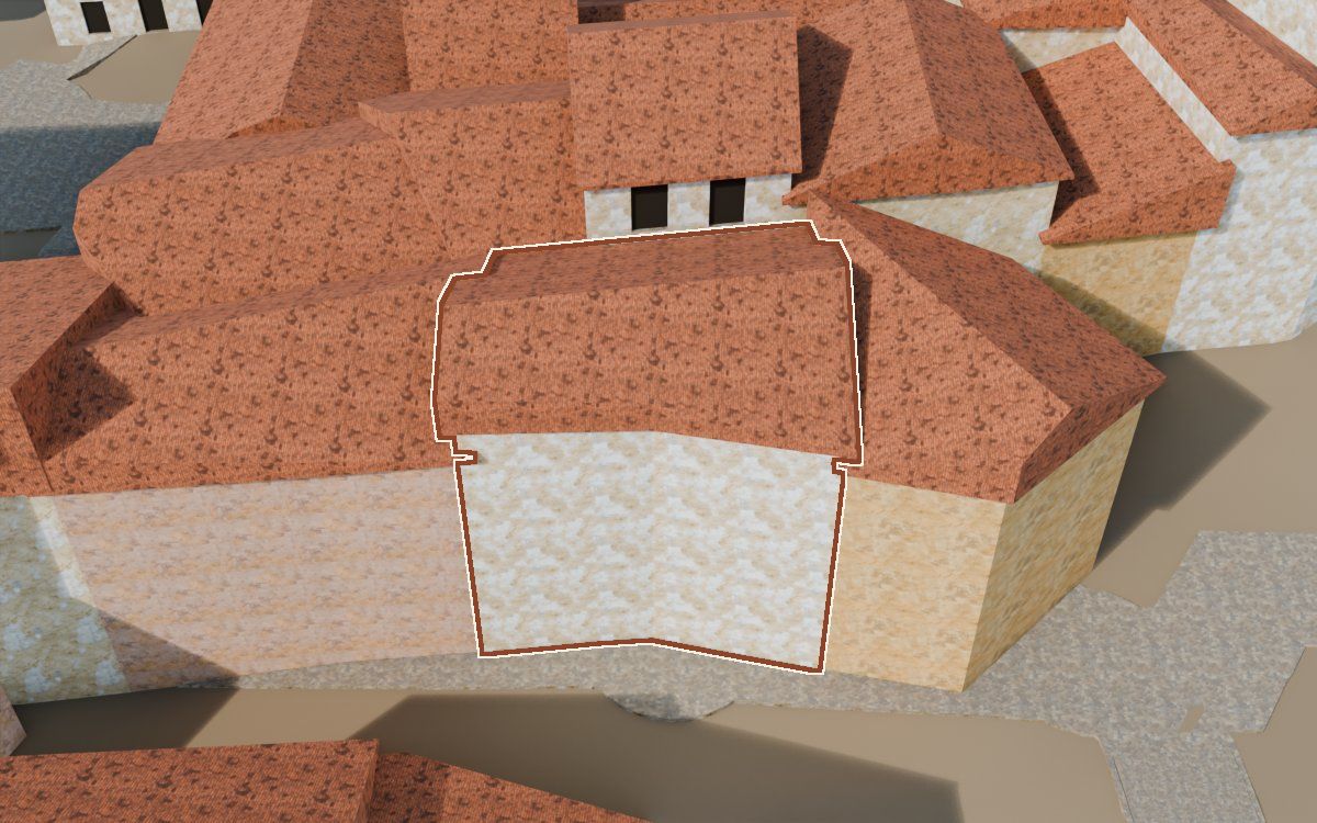 Casa del Carrer Barrinol (Calle Barrinol) en la reconstrucción 3D, vista desde el lado en que mejor se ve, con su contorno marcado en teja entre las casas de alrededor