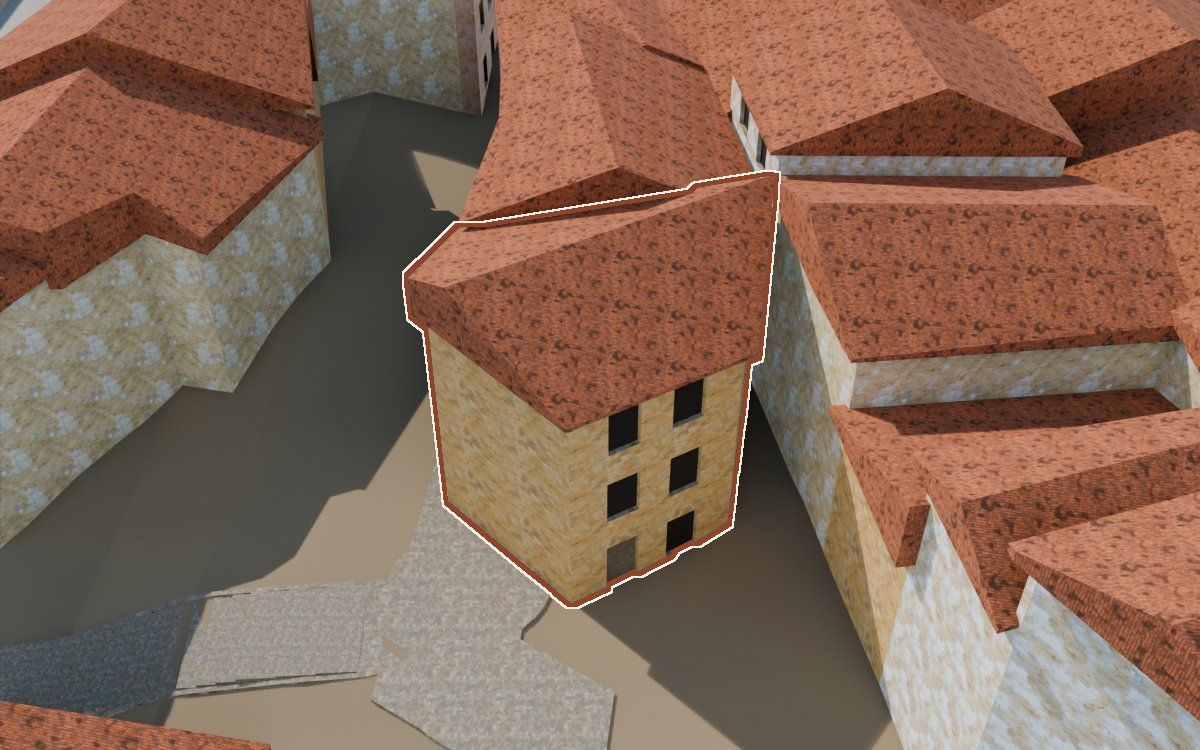 Casa del Carrer Barrinol (Calle Barrinol) en la reconstrucción 3D, vista desde el lado en que mejor se ve, con su contorno marcado en teja entre las casas de alrededor