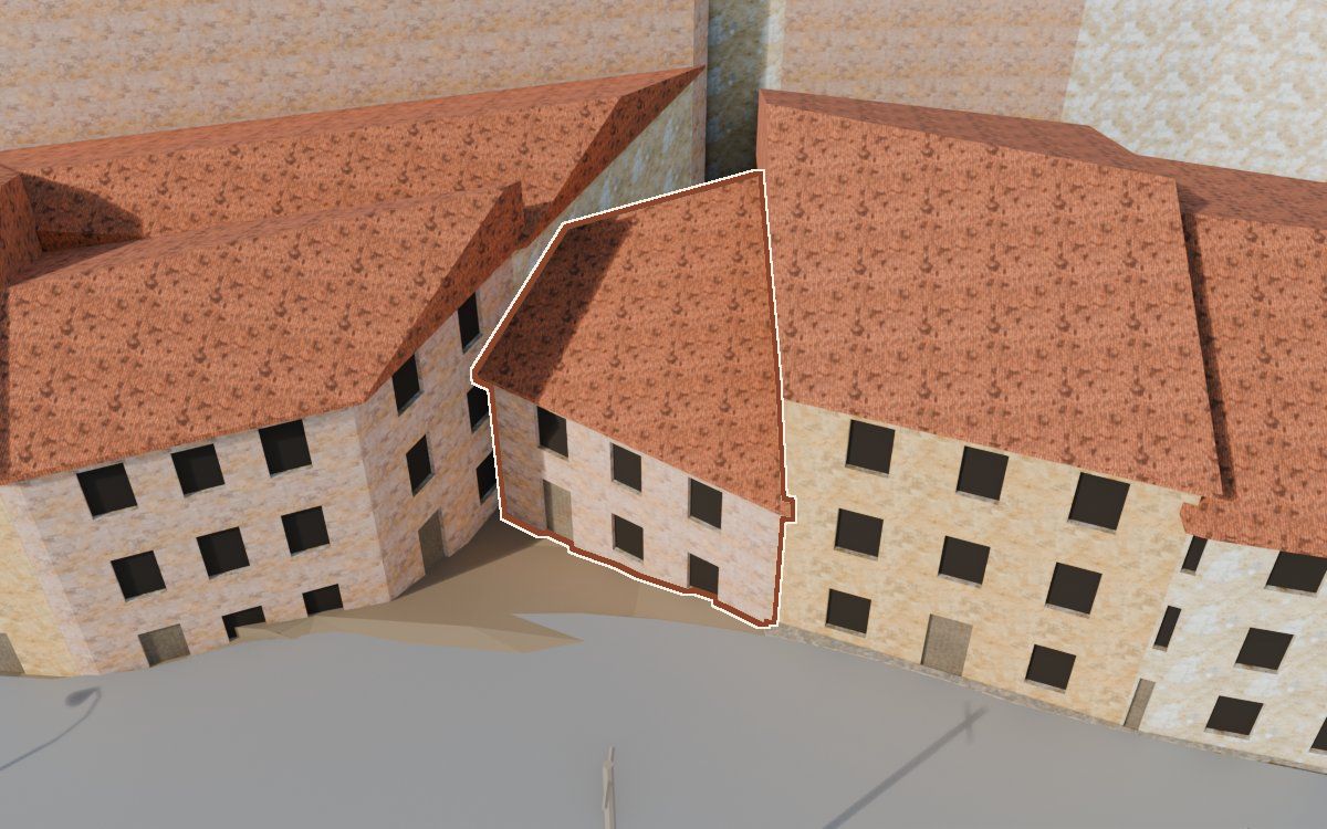 Casa de Lo Muro (El Muro) en la reconstrucción 3D, vista desde el lado en que mejor se ve, con su contorno marcado en teja entre las casas de alrededor