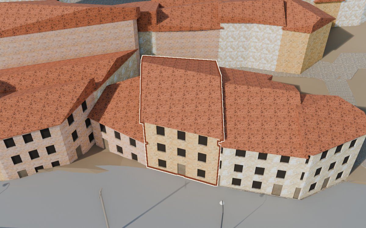 Casa de Lo Muro (El Muro) en la reconstrucción 3D, vista desde el lado en que mejor se ve, con su contorno marcado en teja entre las casas de alrededor